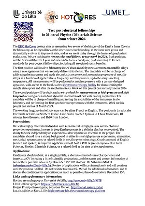 Two post-doctoral fellowships in Mineral Physics / Materials Science from winter 2024